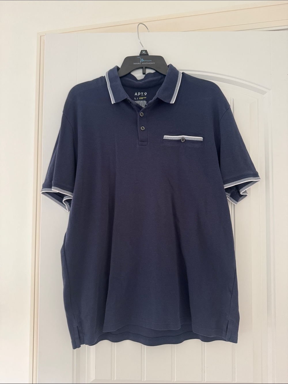 Apt. 9 Navy Polo with White Contrast Trim and Pocket Detail